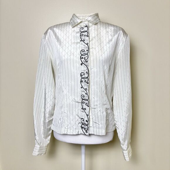 Vintage Jaclyn Smith Button Up Shirt Womens 12 White Silky Shiny Diamond Pattern - Picture 2 of 16